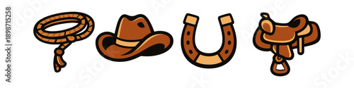 Collection of cowboy and western icons: lasso, hat, horseshoe, and saddle