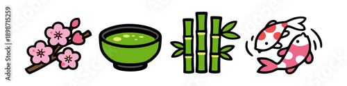 Japanese cultural icons: cherry blossoms, matcha tea, bamboo, and koi fish