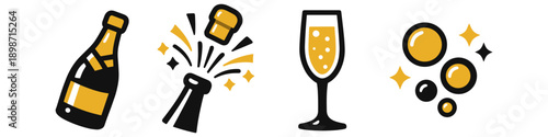 Champagne bottle popping cork, glass, and bubbles with sparkles, celebratory icons