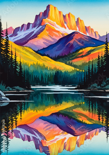 Vibrant watercolor painting of majestic mountains reflecting in a tranquil lake, showcasing nature's grandeur