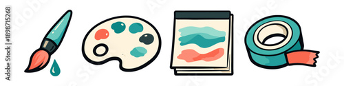 Art supplies including a paintbrush, palette, sketchbook, and tape, presented in a cartoon style