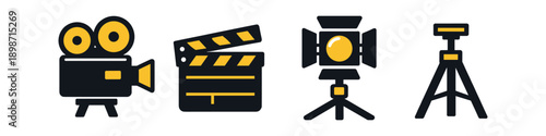 Collection of film production icons including a camera, clapperboard, spotlight, and tripod
