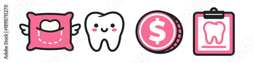 Cute dental icons featuring a tooth, coin, and dental chart with a playful pillow character