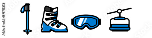 Skiing equipment icons: poles, boot, goggles, and ski lift chair