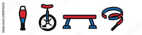 Collection of colorful fitness and circus equipment icons on white background