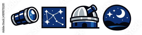 Collection of astronomy icons: telescope, constellation, observatory, and night sky