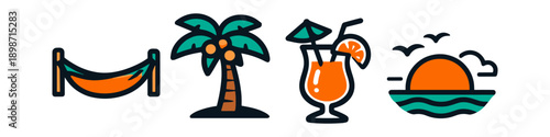 Tropical vacation icons: hammock, palm tree, cocktail, and sunset over ocean