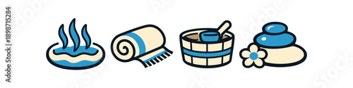 Spa and wellness icons: hot spring, towel, bucket, and stones with flower