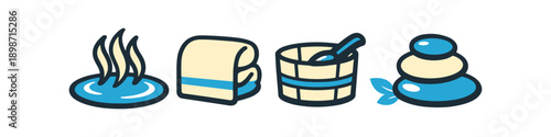 Collection of spa and wellness icons including hot spring, towel, bucket, and stacked stones