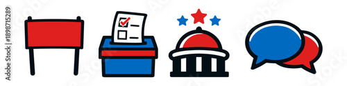 Collection of political icons representing voting, government, and discussion in red and blue