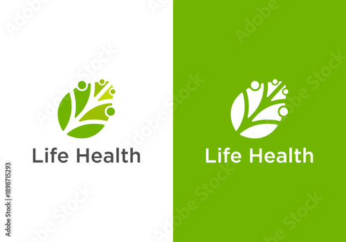 vector health life logo design template, human vector logo with green leaf combination