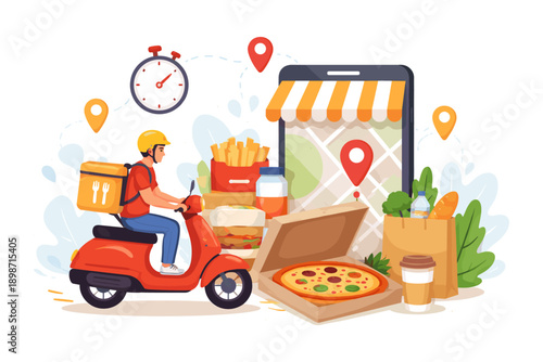 Food delivery service with scooter, pizza, burger, fries, and map on phone