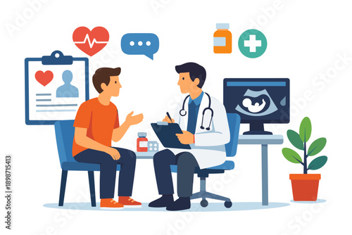 Doctor consulting with patient about health and medical checkup in clinic office