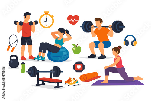 Diverse group of people engaged in various fitness activities and exercises with gym equipment