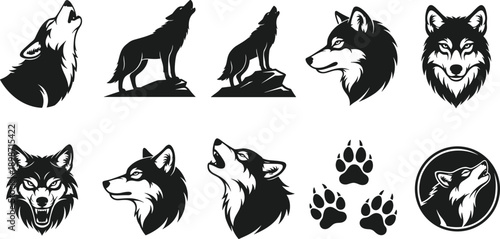 Black wolf head silhouettes and howling predator vector set, wild canine icons with paw prints and moon, forest animal isolated on white background