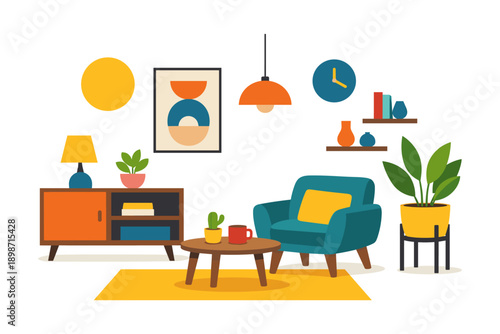 Cozy mid-century modern living room interior with abstract art and plants