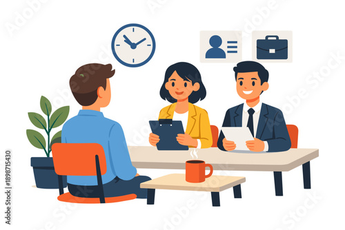 Job interview in progress with two interviewers assessing a candidate's qualifications