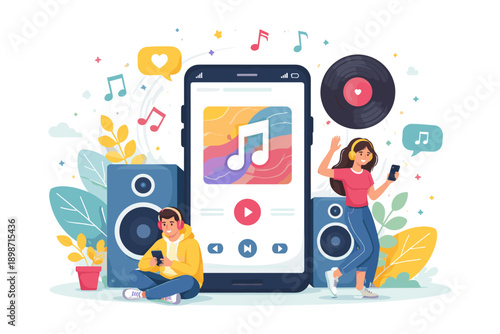 People enjoying music with headphones and speakers, listening to songs on their phones