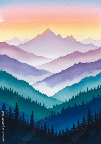 Watercolor painting of layers of majestic mountains at sunrise, with soft pastel colors and a hazy atmosphere creating a serene landscape view