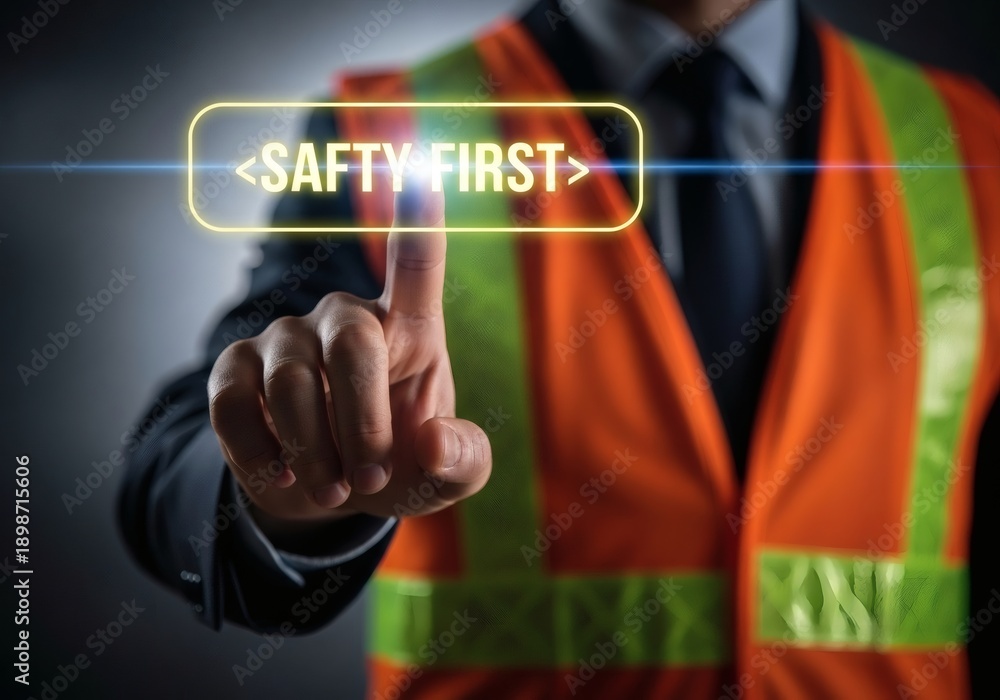 Fototapeta premium Man in Safety Vest Touching Safety First Button.