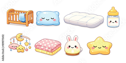 Cute kawaii nursery items with crib, pillow, mattress, and baby bottle