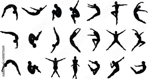 Abstract falling human silhouettes set, people floating tumbling rotating expressive motion poses, black figures isolated on gray background conceptual illustration