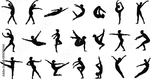 Abstract falling human silhouettes set, people floating tumbling rotating freefall motion poses, black figures isolated on gray background illustration