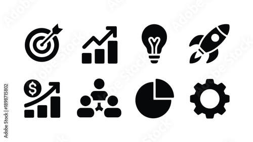 Black glyph icons representing business growth strategy ideas and technological advancement
