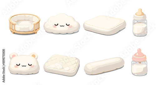 Cute kawaii baby nursery essentials: plush pillows and milk bottles