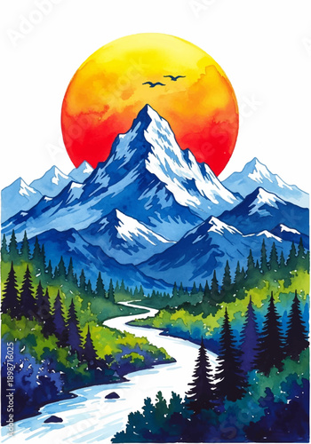 Vibrant Watercolor Painting of Majestic Mountains and Winding River Under a Fiery Sun