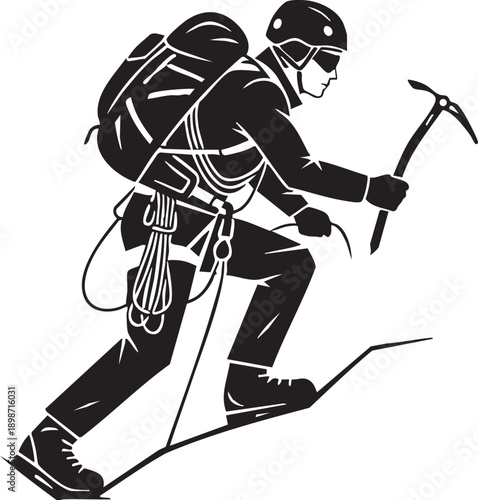 Mountain Climber Silhouette with Ice Axe and Backpack Climbing Snowy Slope Vector Illustration