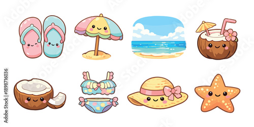 Cute beach icons: flip-flops, umbrella, ocean scene, coconut drinks, starfish, and summer attire