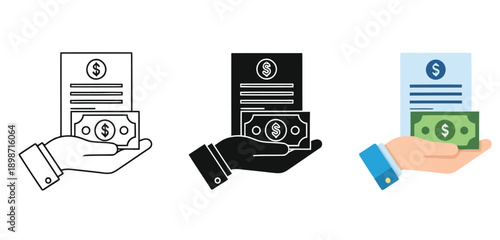 Receiving Money Through documents and digital payment Vector Set in Line Art, Silhouette and Color Style