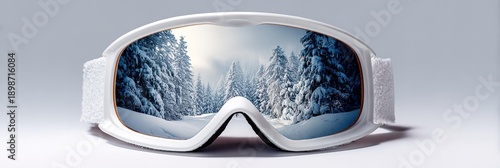 Panel kuchenny z motywem Ski goggles with reflection of mountains.