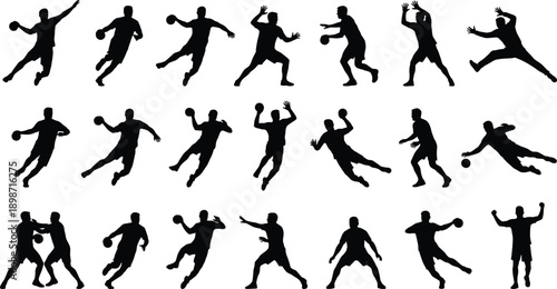 Handball player action silhouettes set, athletes throwing jumping blocking passing poses, black sport figures isolated on gray background illustration