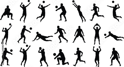 Handball player action silhouettes collection, athletes throwing catching jumping diving poses, black sport figures isolated on gray background illustration