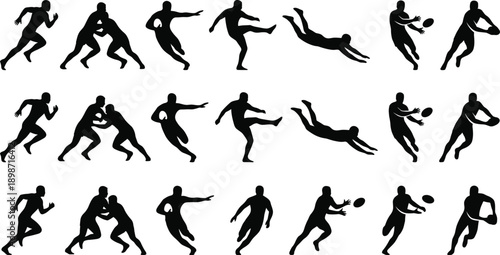 Rugby player action silhouettes collection, athletes running tackling kicking passing diving poses, black sport figures isolated on gray background illustration