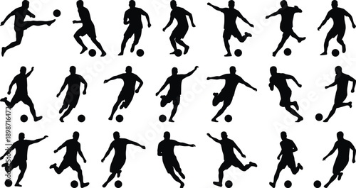 Soccer football player action silhouettes set, athletes dribbling kicking running controlling ball poses, black sport figures isolated on gray background illustration