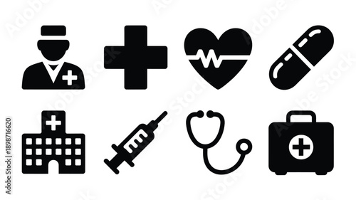 Simple black icons representing medical symbols healthcare and hospital related elements