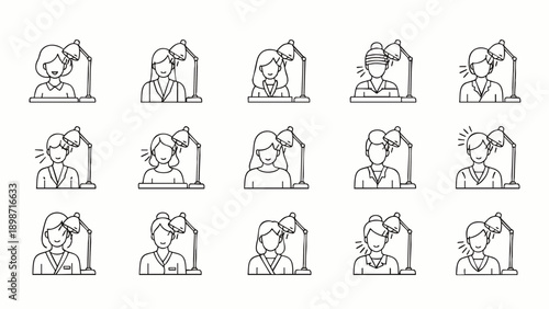 Collection of line icons depicting women experiencing various emotions and physical discomforts