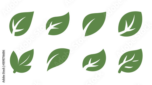 A collection of stylized green leaves in various shapes and orientations