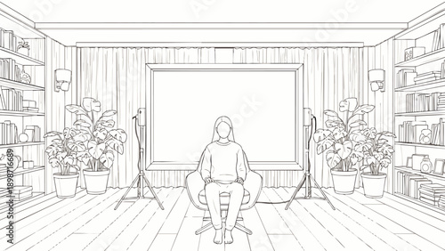 Interior studio with person sitting in chair, plants, bookshelves, and backdrop for filming or photography