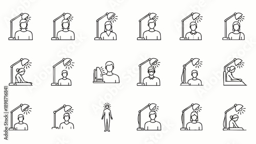 Collection of Islamic prayer icons in a line art style, depicting various prayer positions and attire