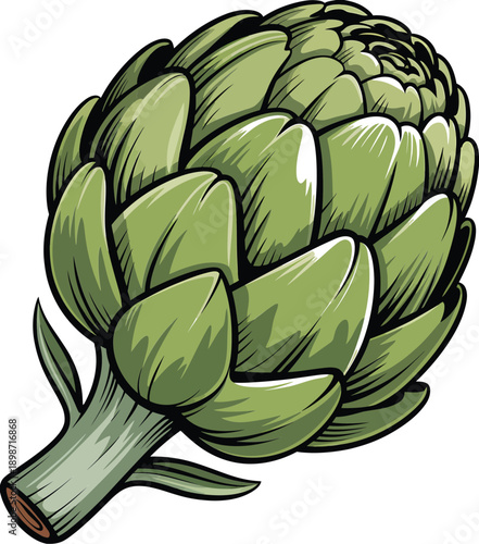 A vibrant illustration of a single fresh artichoke with detailed overlapping scales