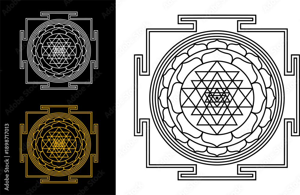 Fototapeta premium Shiva Yantra Sacred Geometry Mandala Black and White Illustration. Shiva Yantra sacred geometry mandala in precise black and white line art. Spiritual symbolic illustration for meditation decor, engra