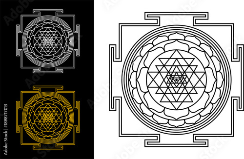 Shiva Yantra Sacred Geometry Mandala Black and White Illustration. Shiva Yantra sacred geometry mandala in precise black and white line art. Spiritual symbolic illustration for meditation decor, engra