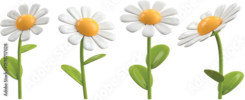 Daisy plastic flower with white petals, green stem and leaf in different angles of view cartoon icon 3d render. Chamomile bubble bloom for spring and summer design. Glossy balloon blossom..