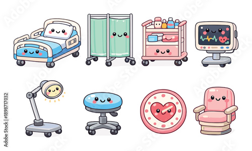 Cute kawaii medical equipment icons with happy faces