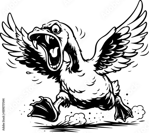 Crazy Cartoon Goose with Open Beak Black and White Illustration