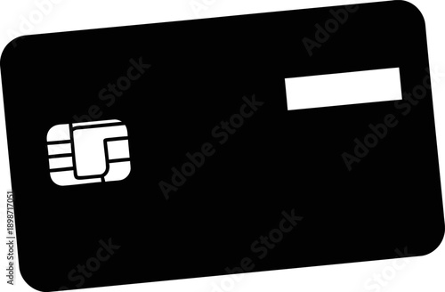 A black credit card with a silver chip and blank white rectangle on a plain white background